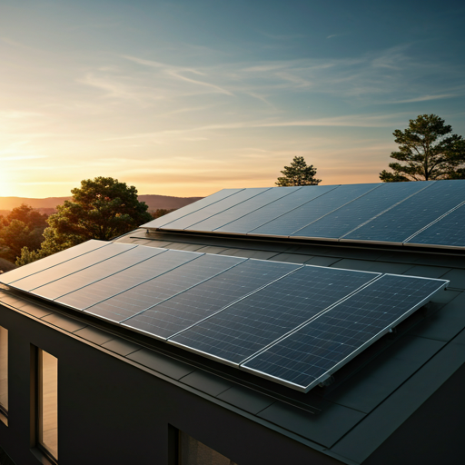 A sophisticated architectural shot of a minimalist modern home with sleek, integrated solar panels on its flat roof. The setting is during the golden hour, with soft, warm sunlight illuminating the clean lines of the building. The image uses a muted palette of sage green, stone grey, and charcoal, reflecting a high-end, eco-conscious lifestyle. The atmosphere is quiet, contemplative, and premium.