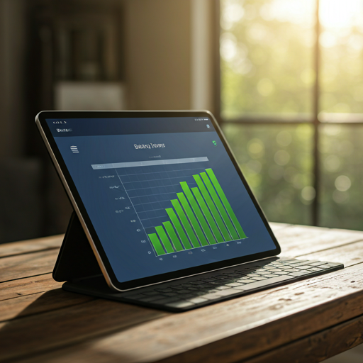 A clean, minimalist high-angle shot of a digital energy monitoring interface on a tablet. The screen shows vibrant green bar graphs representing solar power production. The tablet sits on a reclaimed wood desk in a sun-drenched, modern home office. The overall aesthetic is one of technological empowerment and sustainable living.