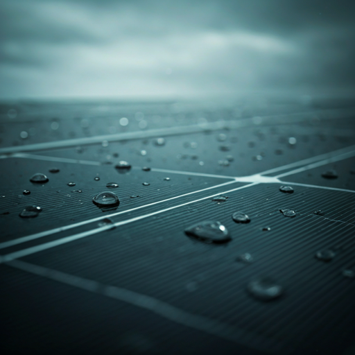 An artistic close-up of rain droplets on a sleek solar panel surface during a cloudy day. The soft, diffused light creates a tranquil, monochromatic blue tone. This image represents the reliability and maintenance-free aspect of solar technology even in varied weather conditions. Minimalist and textured.