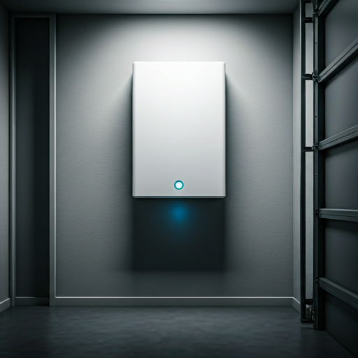 A sophisticated interior shot of a home battery storage unit installed in a clean, minimalist garage or utility room. The unit is sleek, white, and wall-mounted, featuring a single pulsing LED light indicator. The surrounding walls are light grey concrete, and the space is perfectly organized, reflecting a futuristic and tidy energy management system.