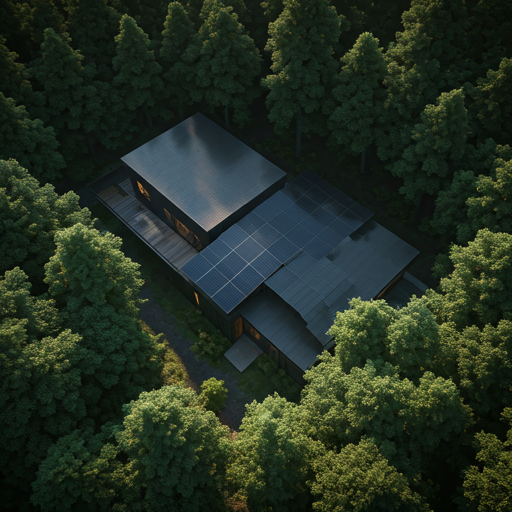A minimalist overhead view of a modern forest-edge property utilizing sustainable design. The image captures the harmony between technology and nature, with solar panels subtly blending into the architecture surrounded by ancient trees. Soft, atmospheric lighting suggests a quiet morning, emphasizing environmental stewardship and calm living.