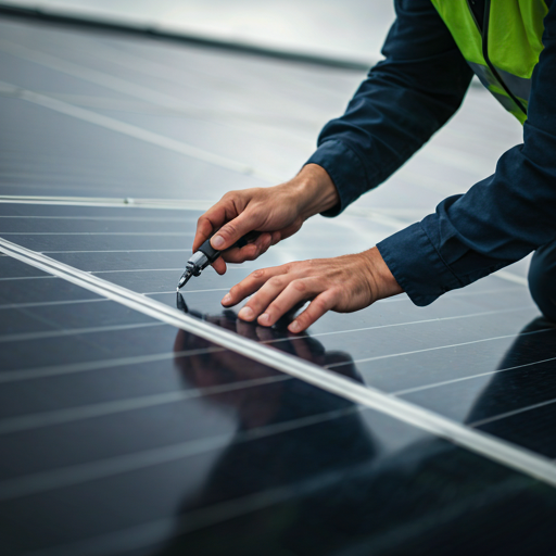 A technician in a high-vis vest and protective gear performing a precise inspection of a solar panel array. The focus is on the technician's hands holding a digital diagnostic tool against the glass surface. The setting is a clean, modern rooftop during a clear day. The mood is one of professionalism, care, and long-term reliability.