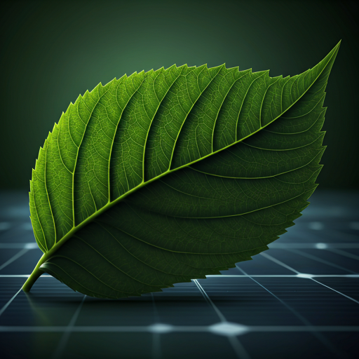 A conceptual image of a green leaf transitioning into a silicon solar panel texture. This digital art piece illustrates the concept of biomimicry in technology, using a high-contrast palette of forest green and deep tech-blue. The lighting is ethereal and sharp, highlighting the intricate vein patterns merging into solar grid lines.