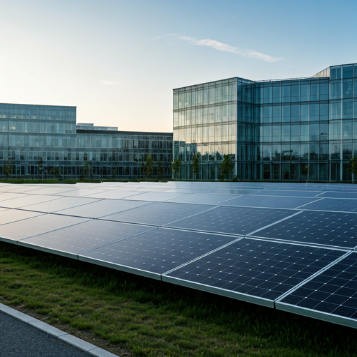 A wide-angle landscape shot of a large-scale commercial solar farm integrated into a corporate campus. The sleek panels are aligned in perfect rows against a backdrop of minimalist office buildings with glass facades. The light is soft morning light, creating a professional and sustainable corporate atmosphere with cool tones and sharp architectural lines.