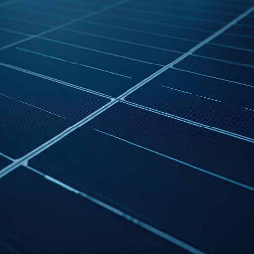 Close-up artistic shot of high-quality monocrystalline solar cells under bright daylight. The deep indigo blue of the panels shows a subtle hexagonal pattern. The lighting is crisp and clear, emphasizing the technological precision and clean energy aesthetic. The composition is minimalist and focused on the texture and materiality of the solar equipment.