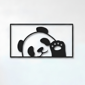 Minimalist Waving Panda Metal Wall Art – Framed Peeking Panda Decor
