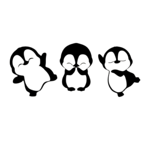 Playful Penguin Trio Black & White Graphic Illustration